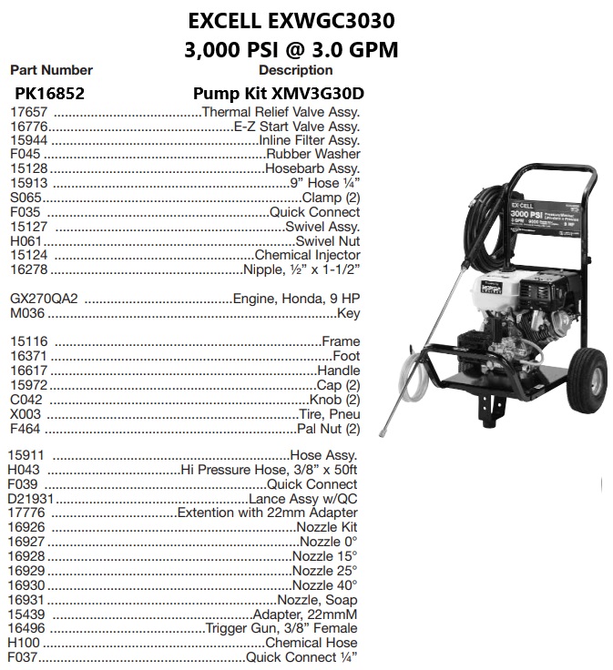 EX-CELL model EXWGC3030 power washer parts